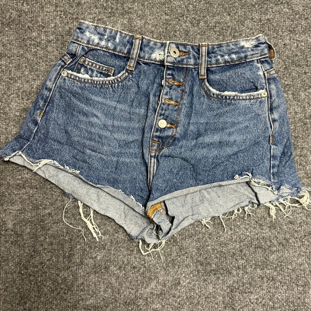 Bershka Shorts Womens Size 2 Blue High Waist Distressed Raw Hem Denim Cotton